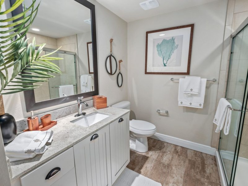 This image shows a contemporary bath that is spacious and accessible. It has a beautiful wood-look floor tile, glass semi-frameless shower doors, and tile showers.
