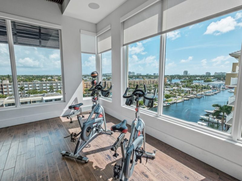 This image shows the 24-hour State-of-the-art fitness gym featuring equipment for a full-body workout and cardio test. This area is also the perfect place to see the beautiful scenic view of Harbor.