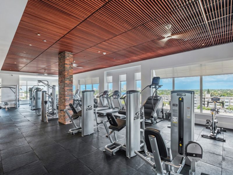 This image shows an expansive view of the fitness gym equipment featuring the standard treadmill, elliptical, and bike. These bikes allow the user to work at their level of resistance and pace while pushing and pulling their arms for an effective full-body workout.